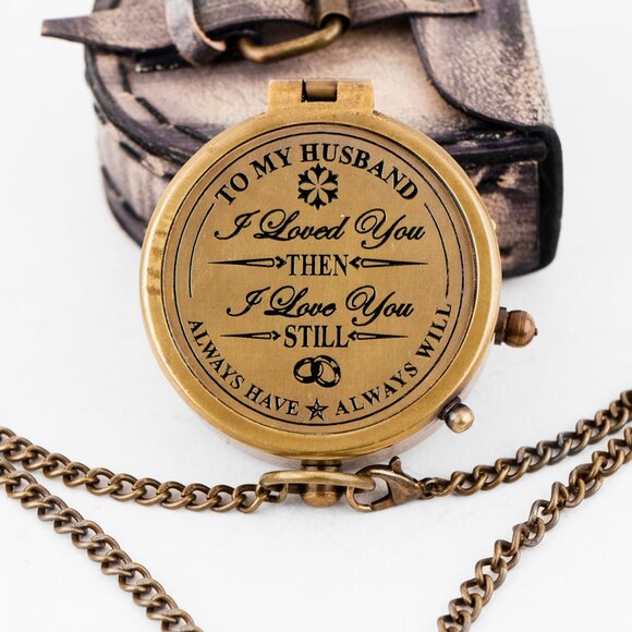 TO MY HUSBAND Brass Working Compass with 2-Inch Leather Cover Gift for Him - Picture 2 of 16